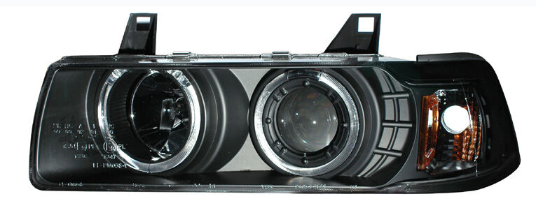 1992-1998 BMW E36 4dr Halo Projector Headlights w/ Amber - Black - 02-AZ-B392-PBC-4D-G2-R-A