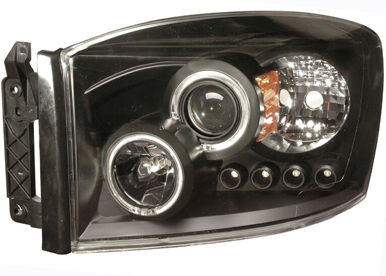 2006-2007 Dodge Ram Halo Projector Headlights Black Clear - 02-AZ-DR06-PBC-R-A