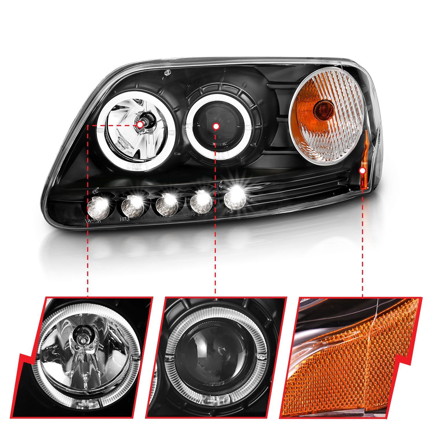 1997-2003 Ford Expedition/F-150 Anzo Projector Headlights W/ Halo & LED Black 1Pc