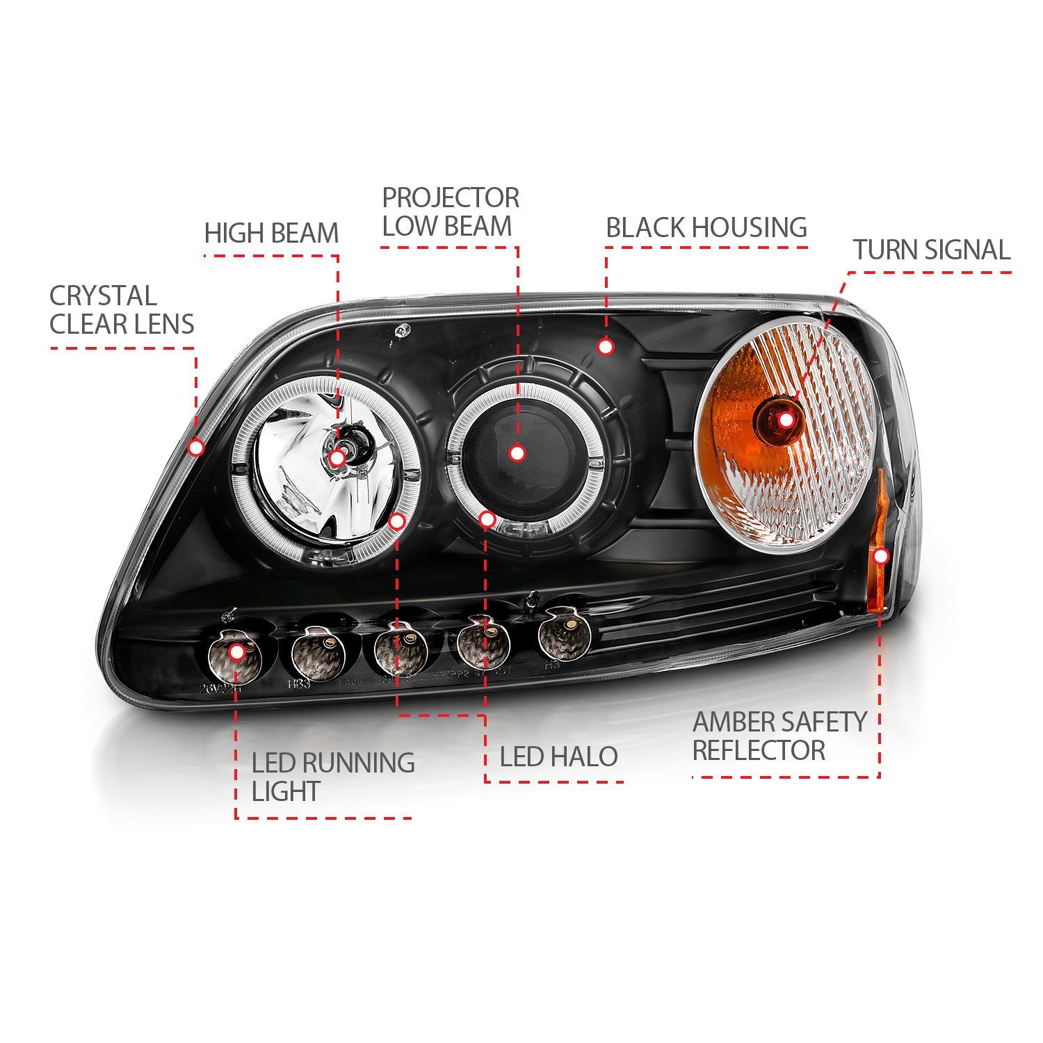 1997-2003 Ford Expedition/F-150 Anzo Projector Headlights W/ Halo & LED Black 1Pc