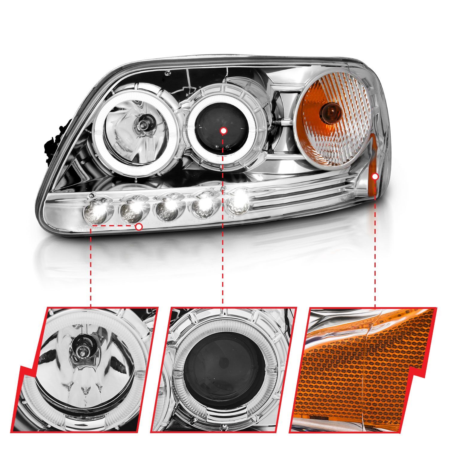 1997-2003 Ford Expedition/F-150 Anzo Projector Headlights W/ Halo & LED Chrome 1Pc