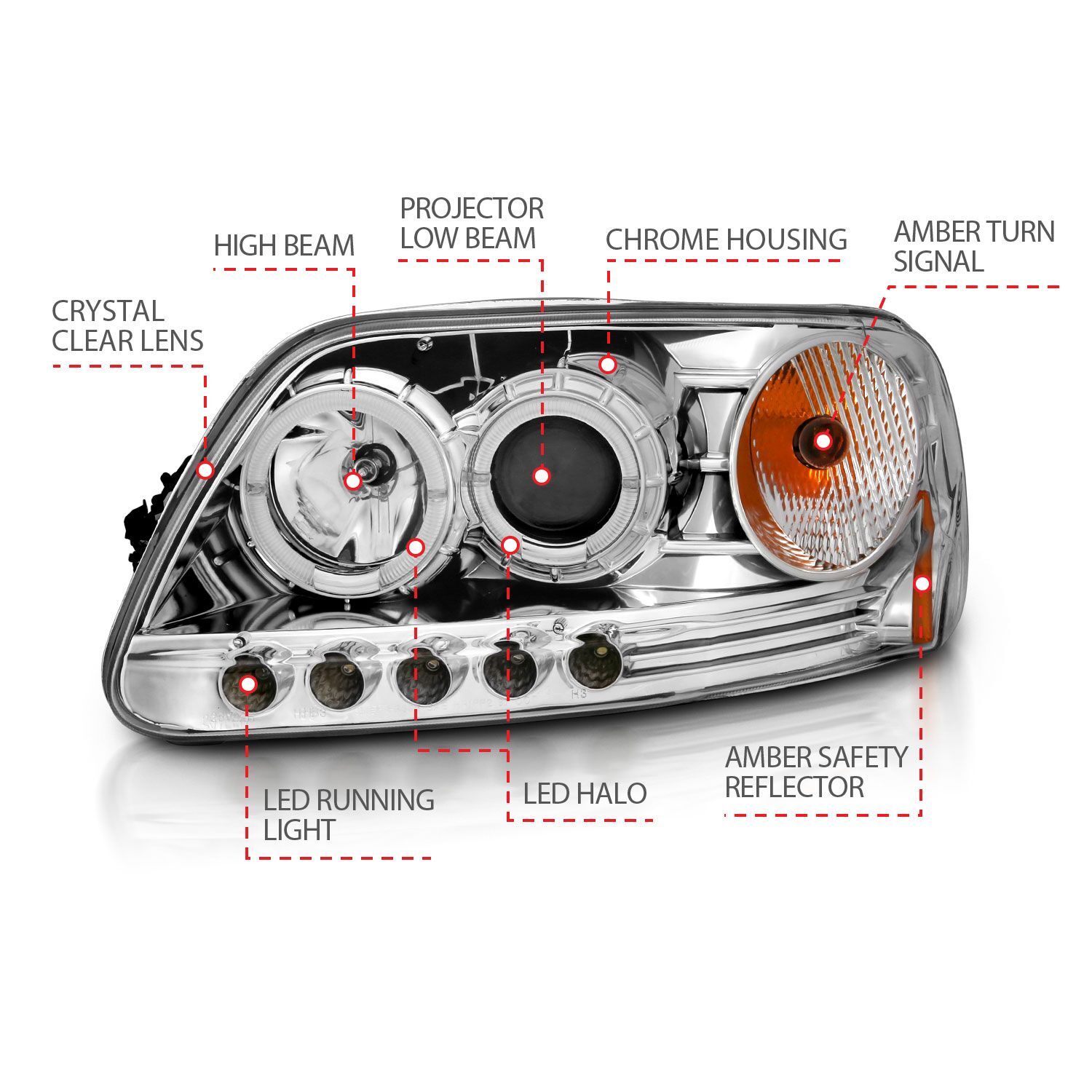 1997-2003 Ford Expedition/F-150 Anzo Projector Headlights W/ Halo & LED Chrome 1Pc