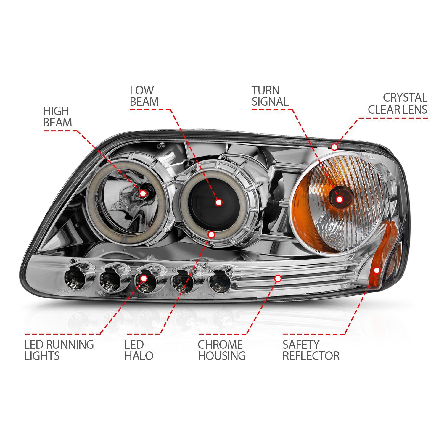 1997-2003 Ford Expedition/F-150 Anzo Projector Headlights W/ Halo Chrome 1Pc