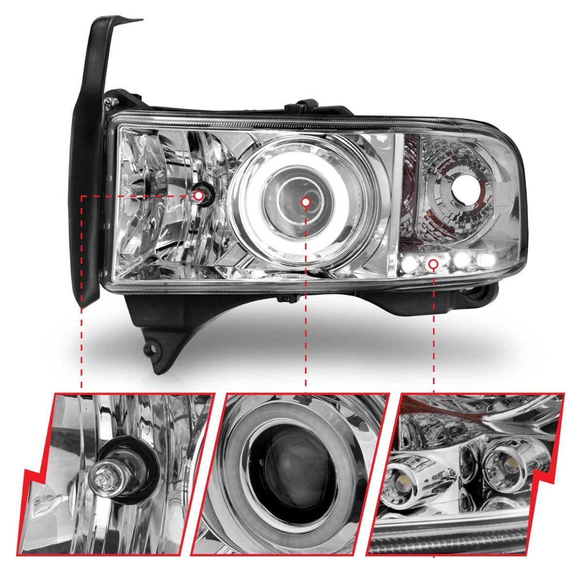 1994-2001 Dodge Ram 1500/2500/3500 Non-Sport Anzo Projector Headlights W/ Halo Chrome