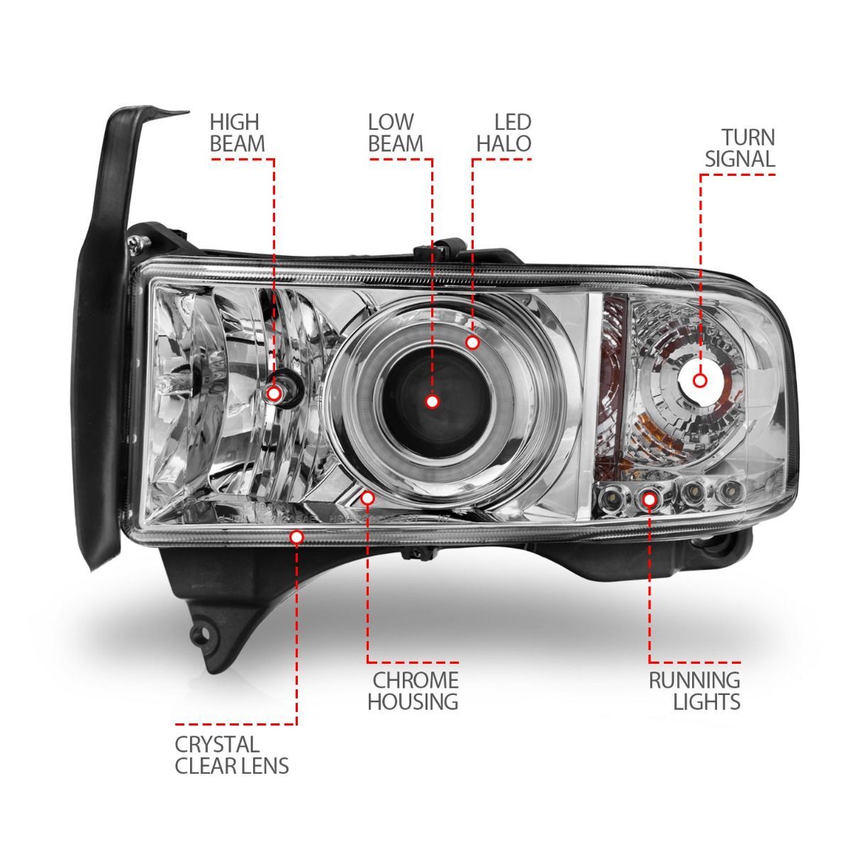 1994-2001 Dodge Ram 1500/2500/3500 Non-Sport Anzo Projector Headlights W/ Halo Chrome