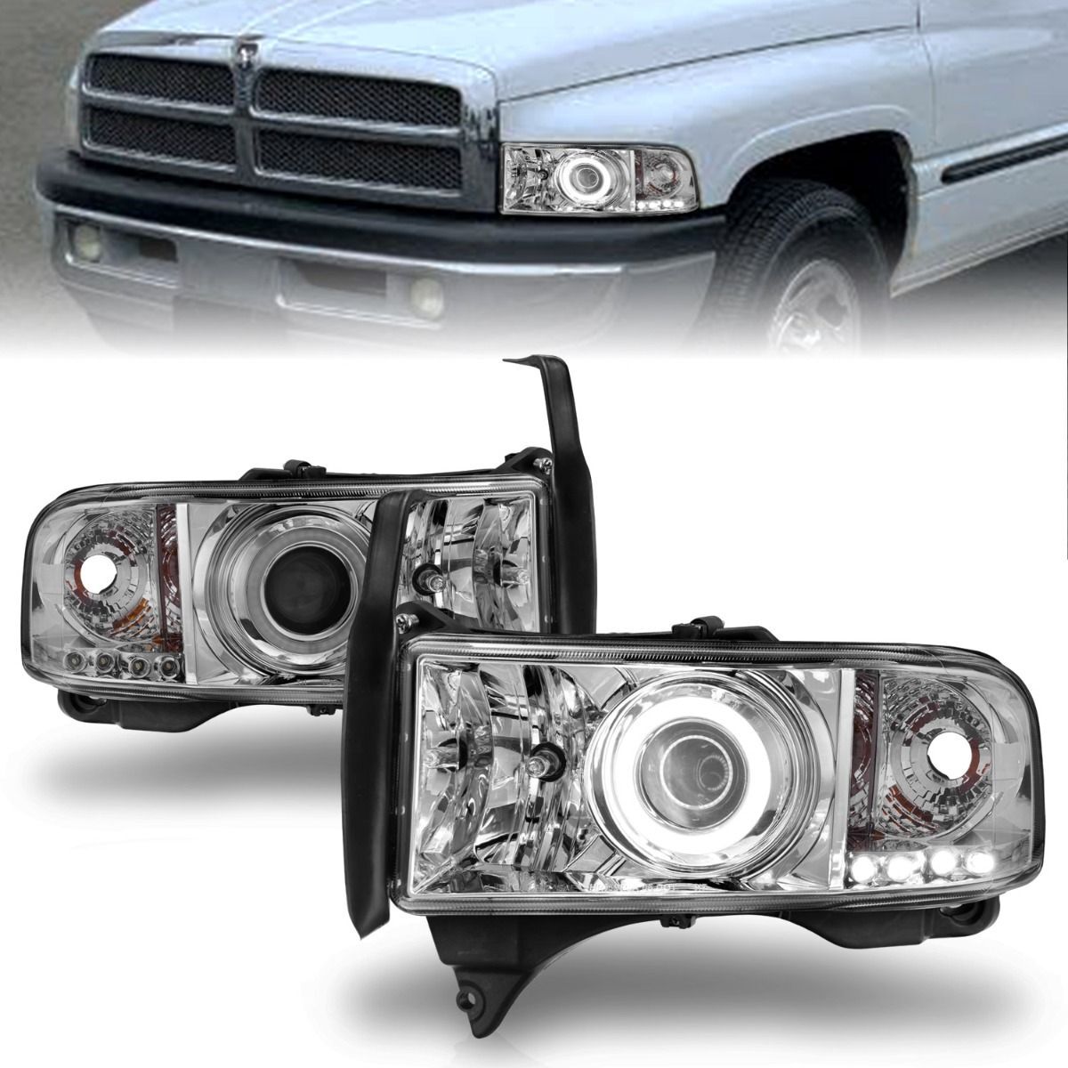 1994-2001 Dodge Ram 1500/2500/3500 Non-Sport Anzo Projector Headlights W/ Halo Chrome - 111056