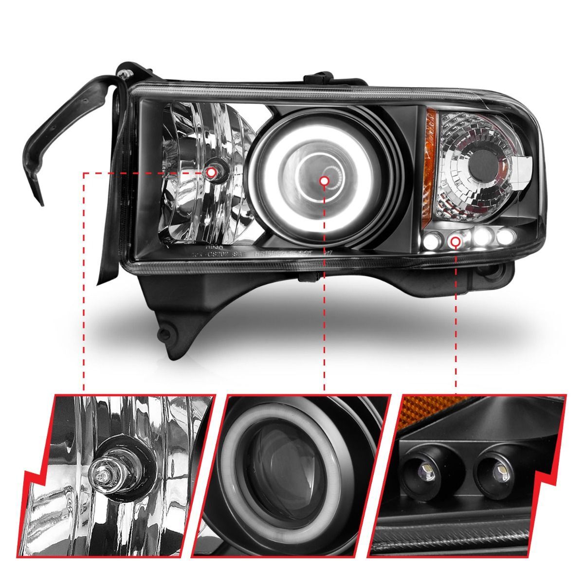 1994-2001 Dodge Ram 1500/2500/3500 Non-Sport Anzo Projector Headlights W/ Halo Black