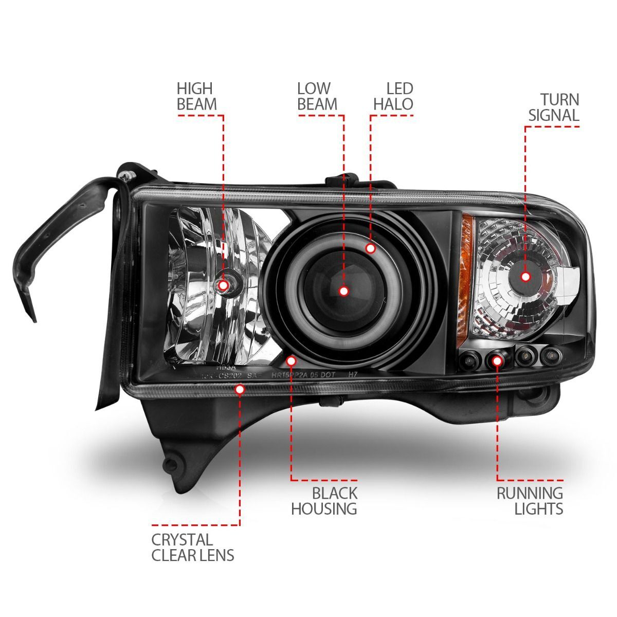 1994-2001 Dodge Ram 1500/2500/3500 Non-Sport Anzo Projector Headlights W/ Halo Black
