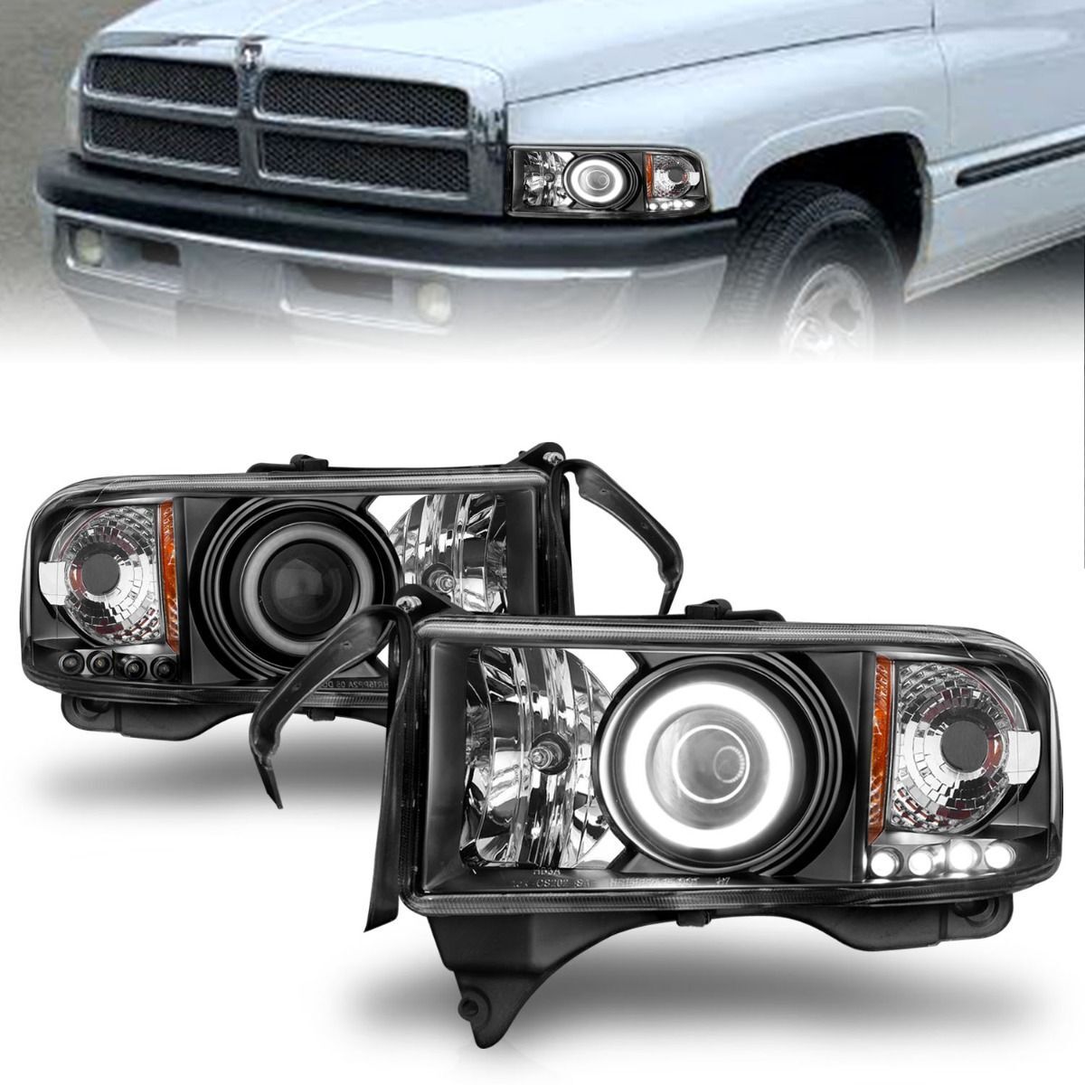 1994-2001 Dodge Ram 1500/2500/3500 Non-Sport Anzo Projector Headlights W/ Halo Black - 111065