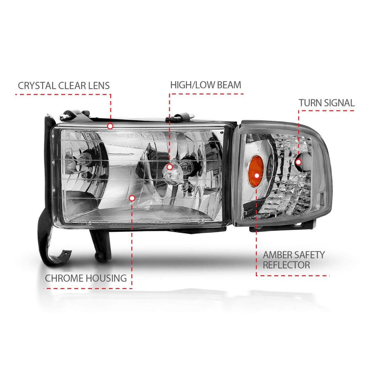 1994-2001 Dodge Ram 1500/2500/3500 Non-Sport Anzo Crystal Headlights Chrome