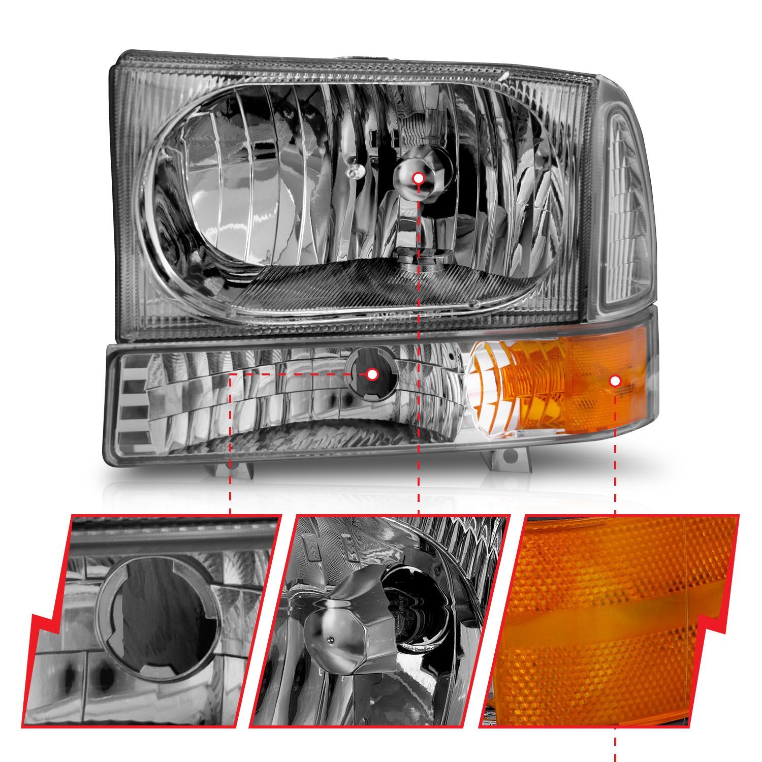 1999-2004 Ford Excursion/F-250/F-350/F-450 Super Duty Anzo Crystal Headlights Chrome W/ LED 1Pc