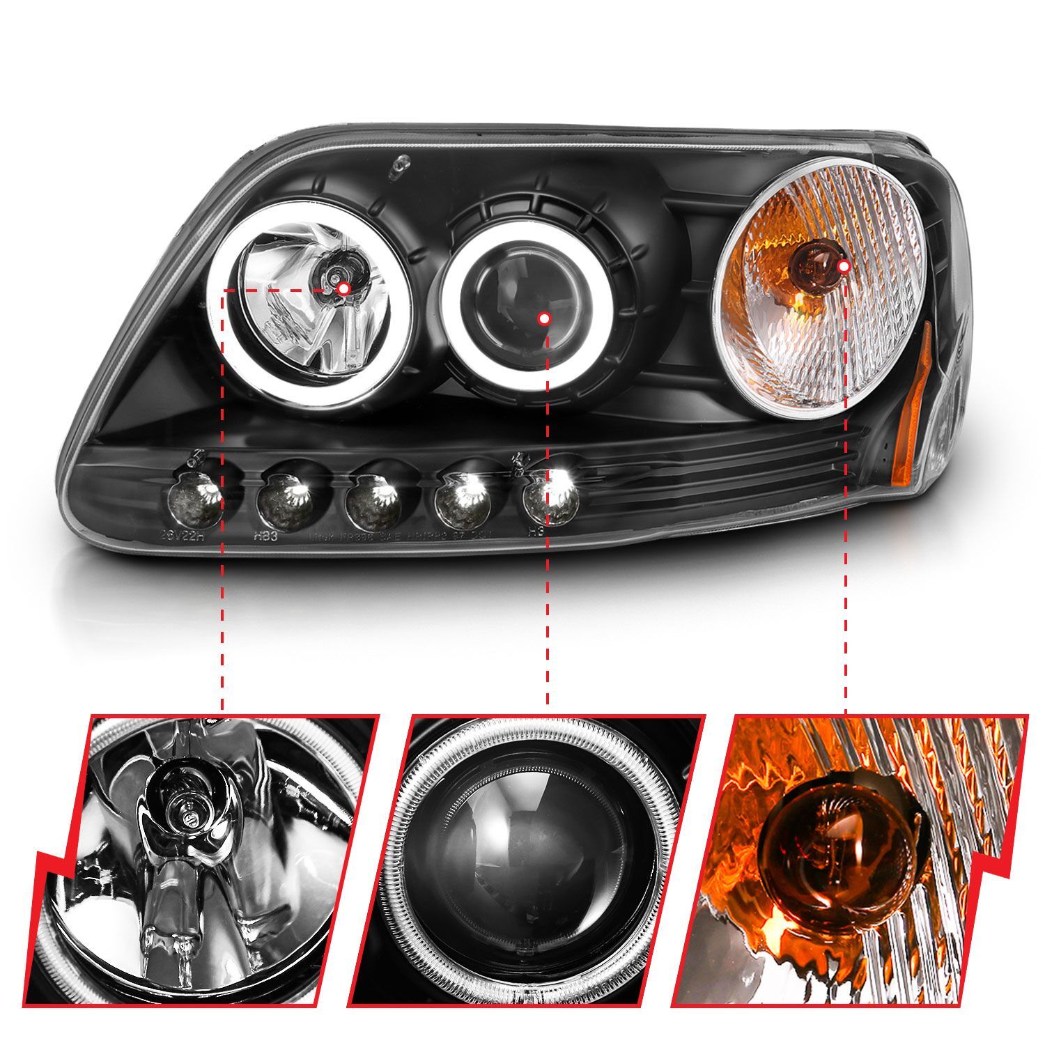 1997-2003 Ford Expedition/F-150 Anzo Projector Headlights W/ Halo Black (SMD LED)