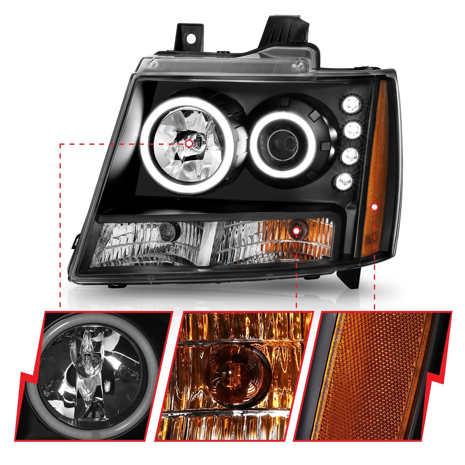 2007-2014 Chevrolet Avalanche/Suburban/Tahoe Anzo Projector Headlights W/ Halo Black (SMD LED)