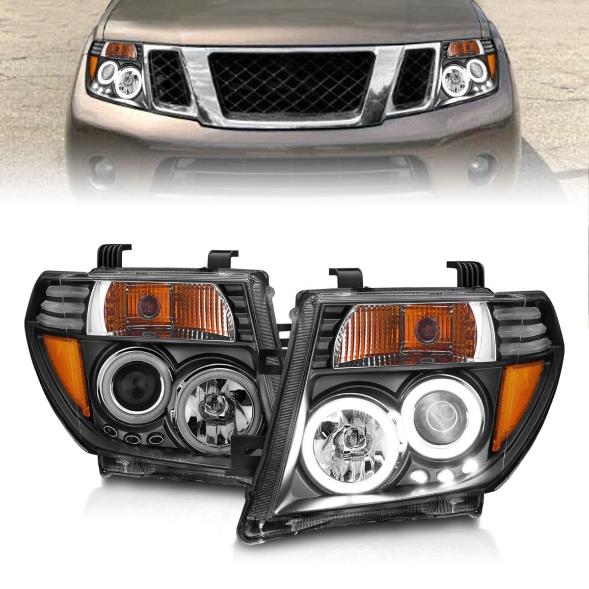 2005-2008 Nissan Frontier/Pathfinder Anzo Projector Headlights W/ Halo Black - 111111
