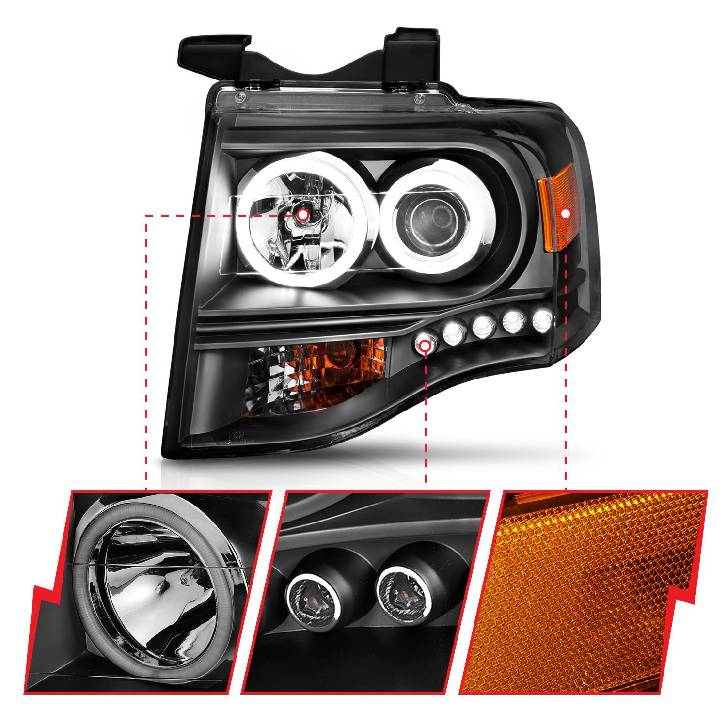2007-2014 Ford Expedition Anzo Projector Headlights W/ Halo Black