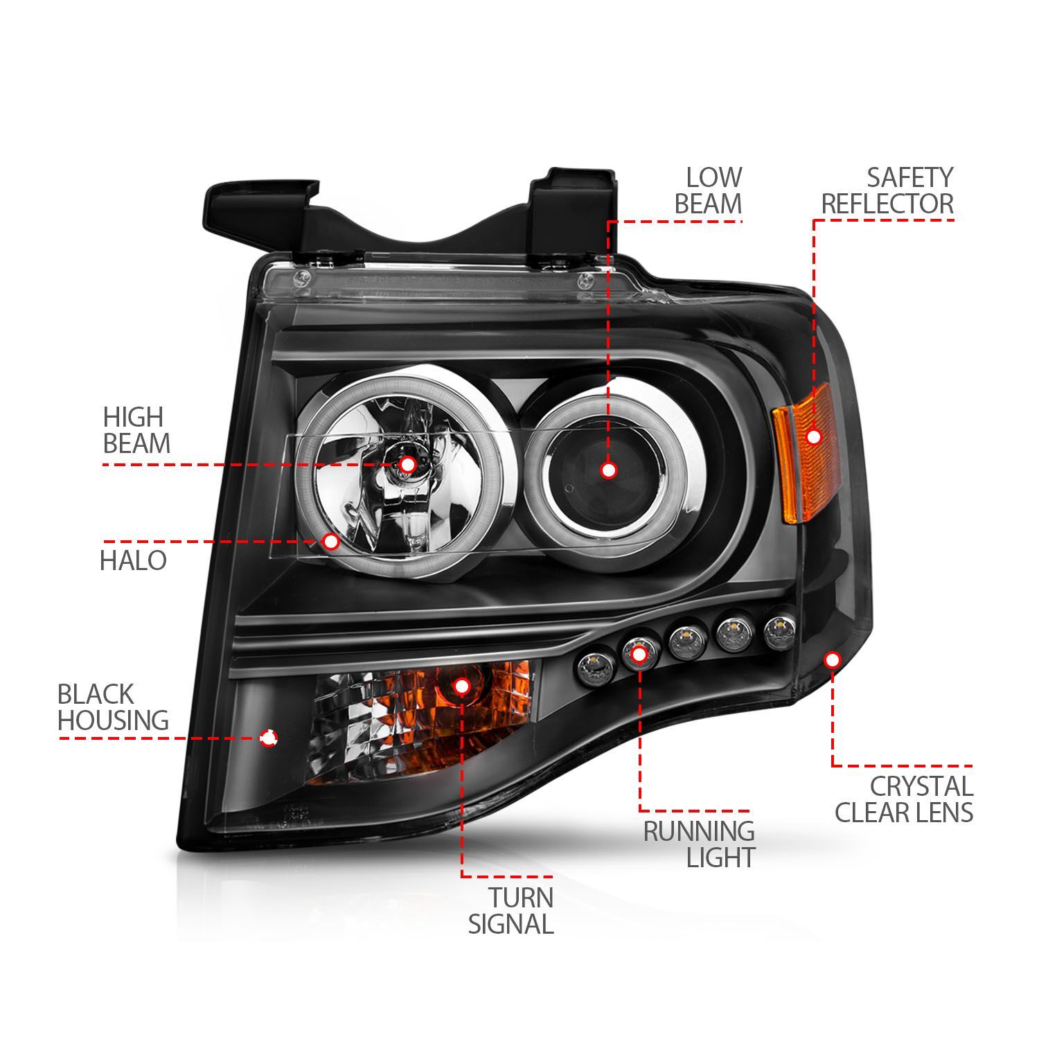 2007-2014 Ford Expedition Anzo Projector Headlights W/ Halo Black