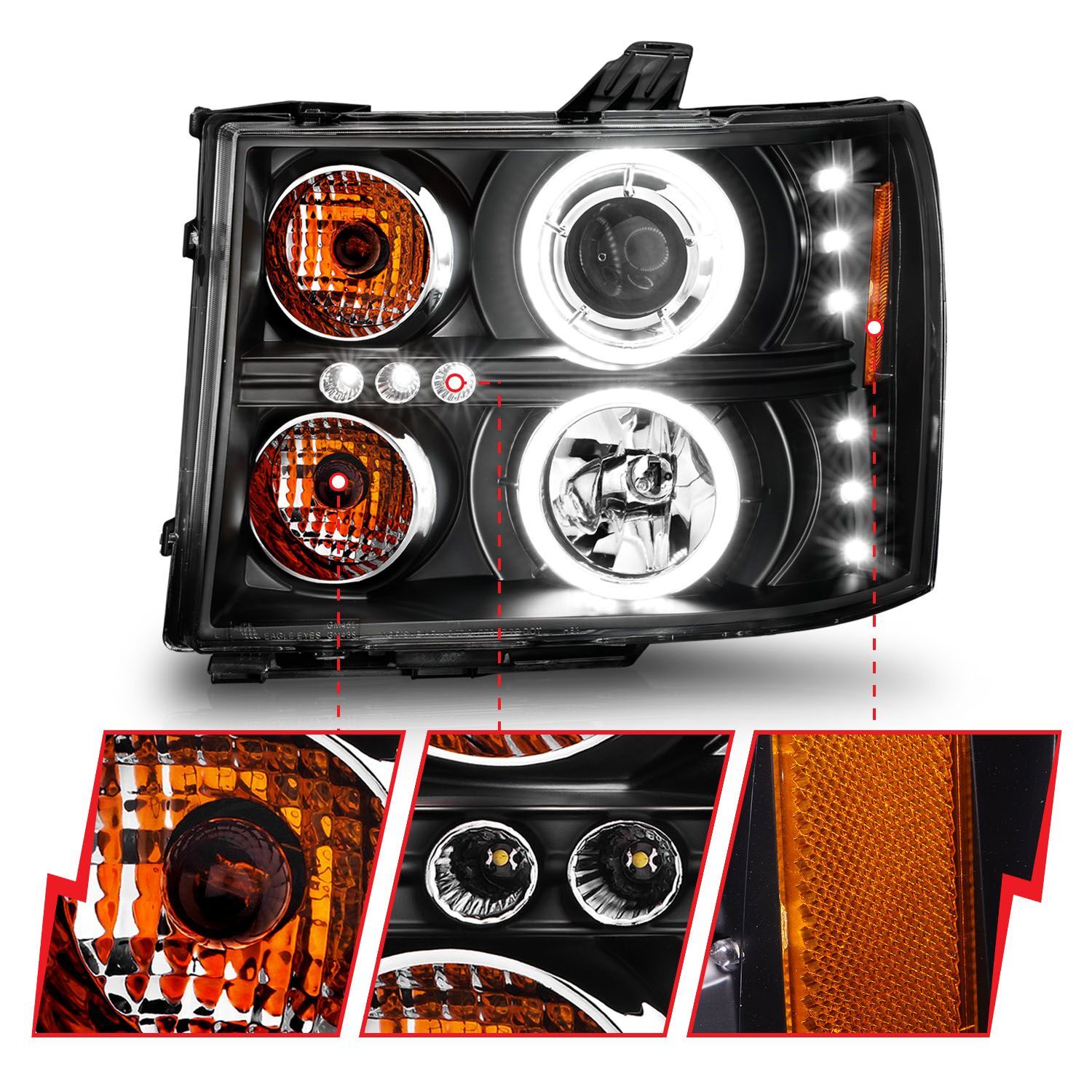 2007-2014 GMC Sierra 1500/2500 HD/3500 HD Anzo Projector Headlights W/ Halo Black