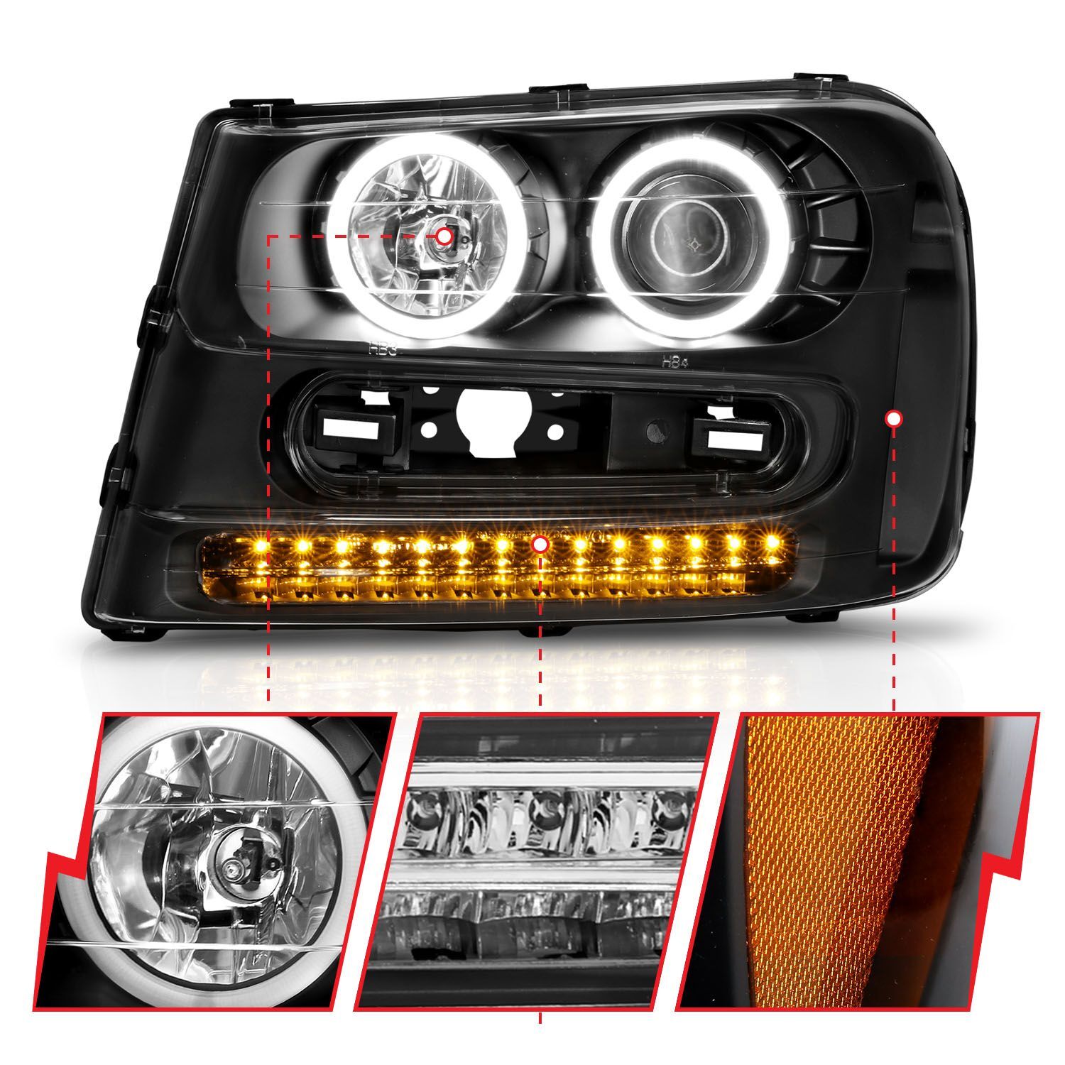 2002-2009 Chevrolet Trailblazer Anzo Projector Headlights W/ Halo Black