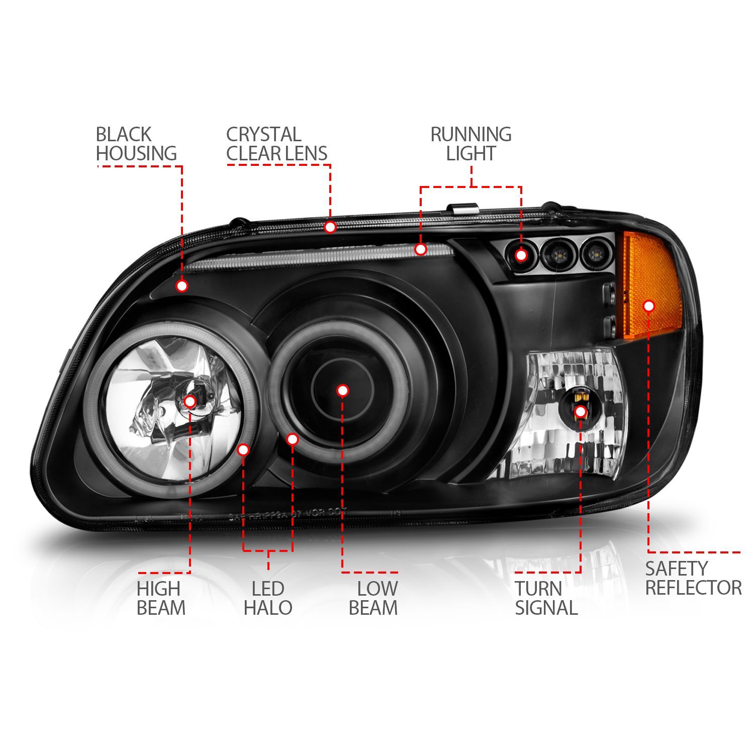 1995-2001 Ford Explorer Anzo Projector Headlights W/ Halo Black 1 Pc