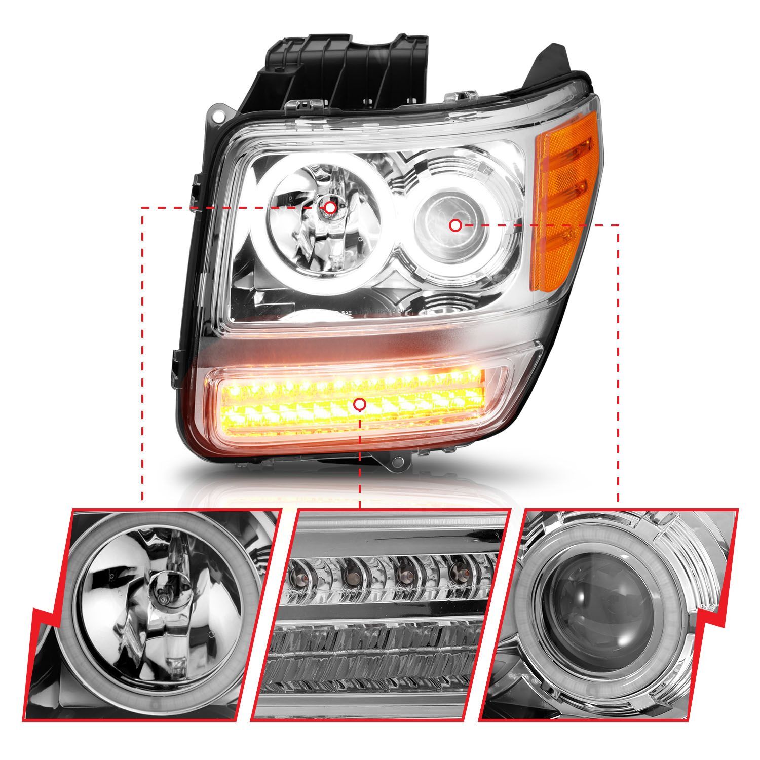 2007-2012 Dodge Nitro Anzo Projector Headlights W/ Halo Chrome (SMD LED) G2