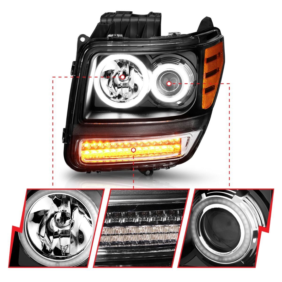 2007-2012 Dodge Nitro Anzo Projector Headlights W/ Halo Black (SMD LED) G2