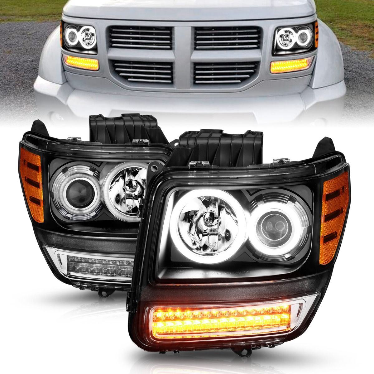 2007-2012 Dodge Nitro Anzo Projector Headlights W/ Halo Black (SMD LED) G2 - 111145