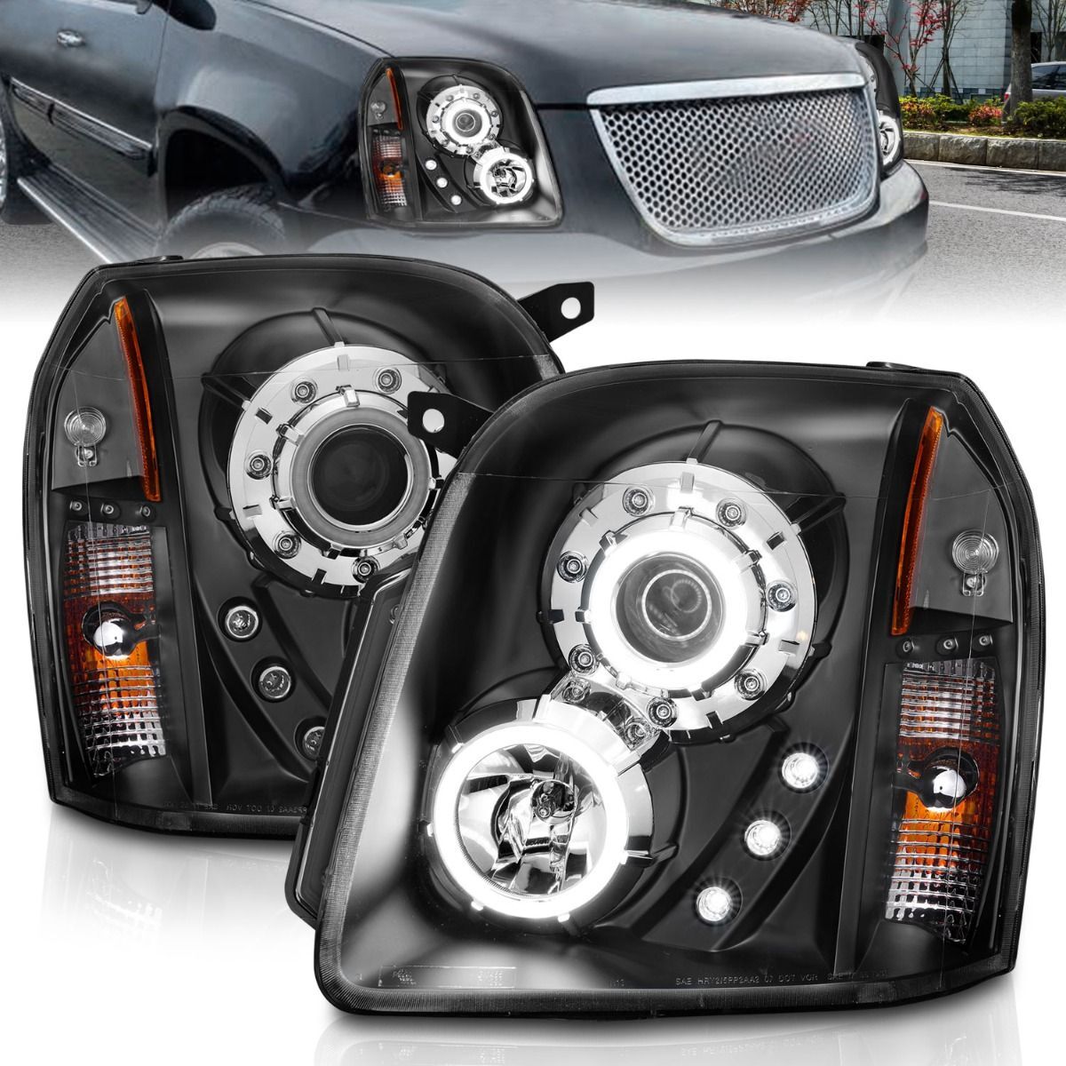 2007-2014 GMC Yukon/Yukon Denali/Yukon XL Anzo Projector Headlights W/ Halo Black (SMD LED) - 111148