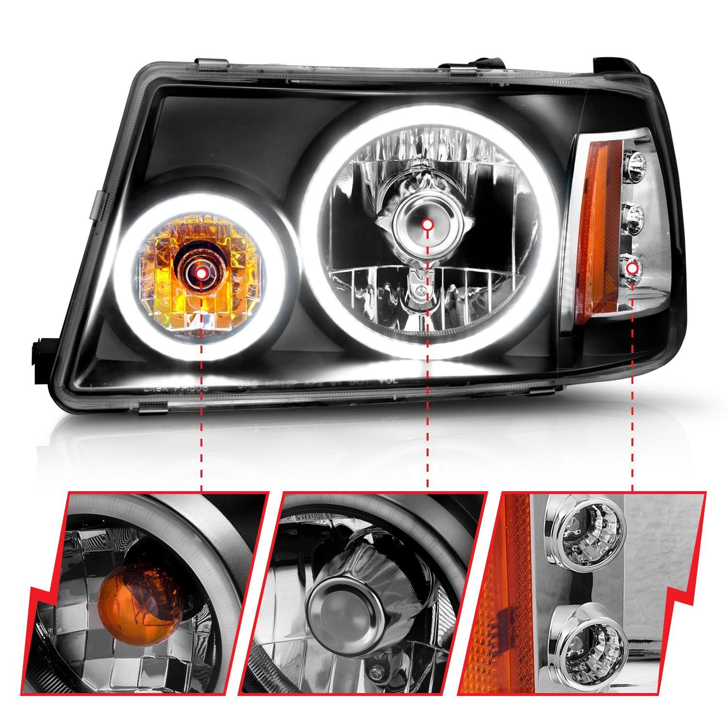 2001-2011 Ford Ranger Anzo Crystal Headlights W/ Halo Black (SMD LED) 1 Pc