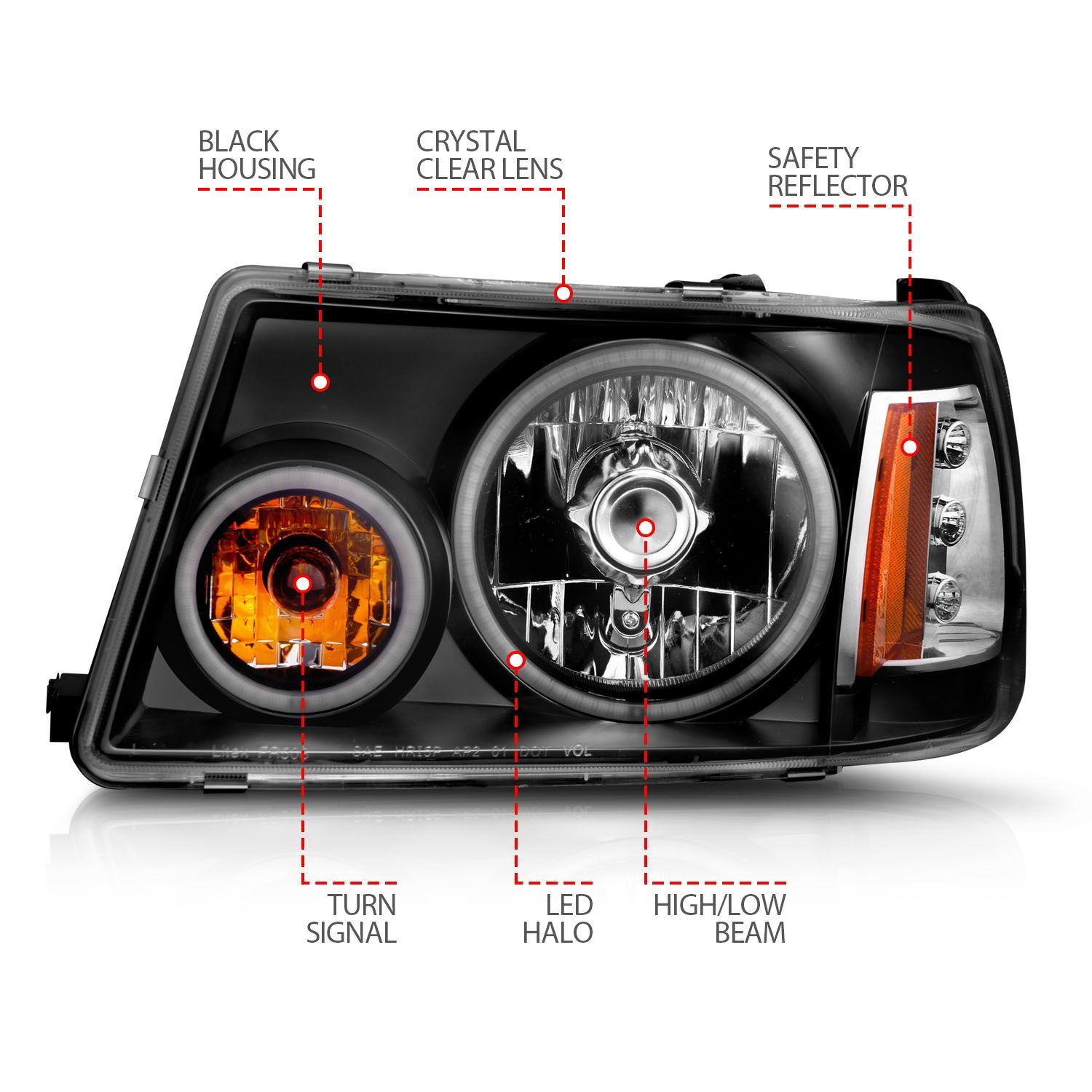 2001-2011 Ford Ranger Anzo Crystal Headlights W/ Halo Black (SMD LED) 1 Pc