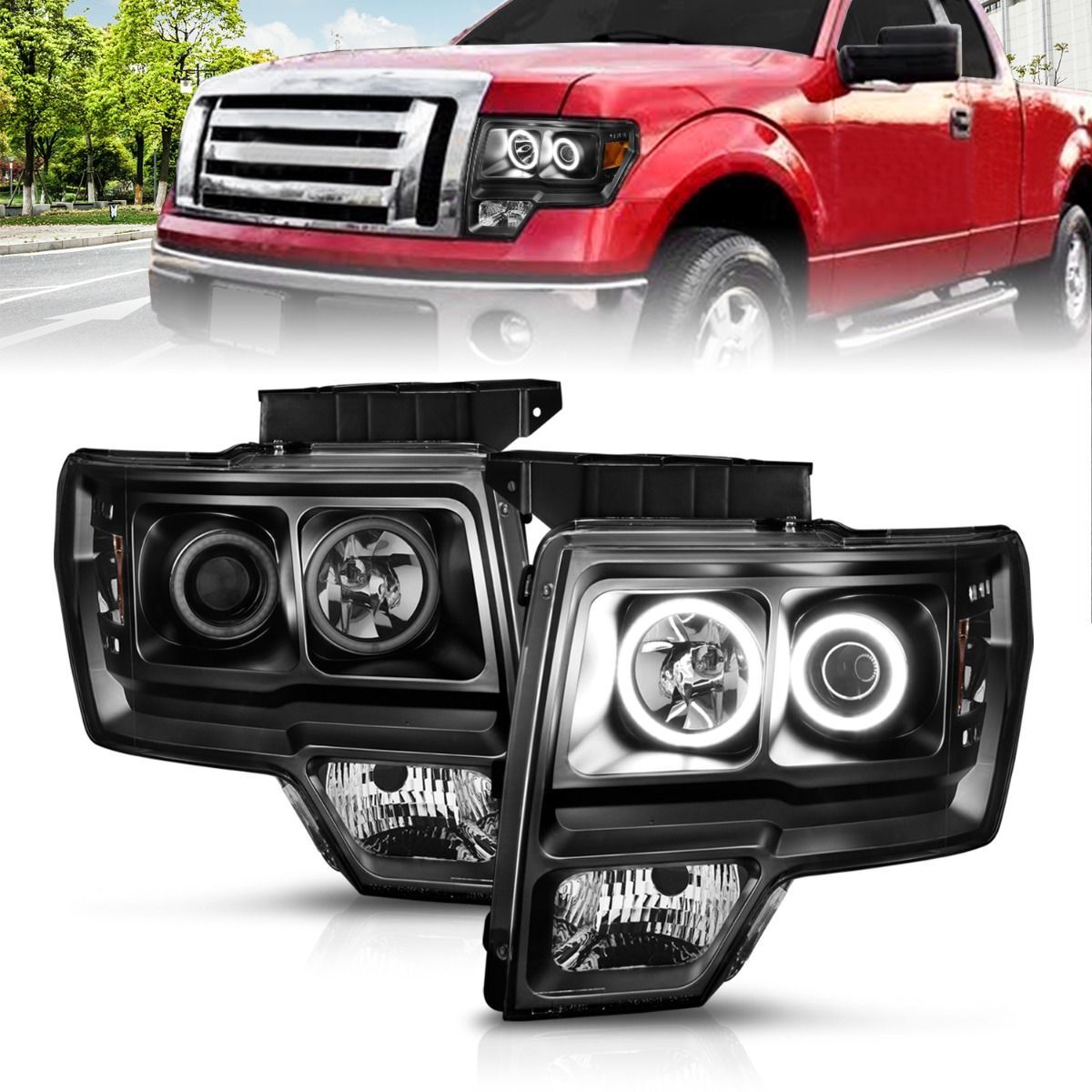 2009-2014 Ford F-150 Anzo Projector Headlights W/ Halo Black (SMD LED) - 111161