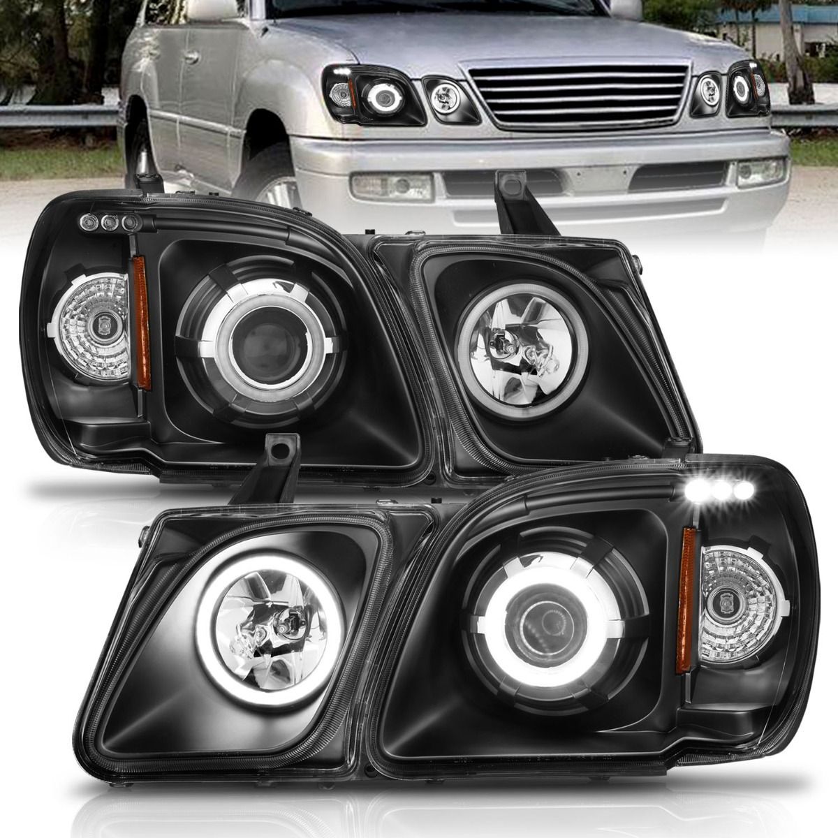 1998-2007 Lexus LX470 Anzo Projector Headlights W/ Halo Black (SMD LED) - 111170