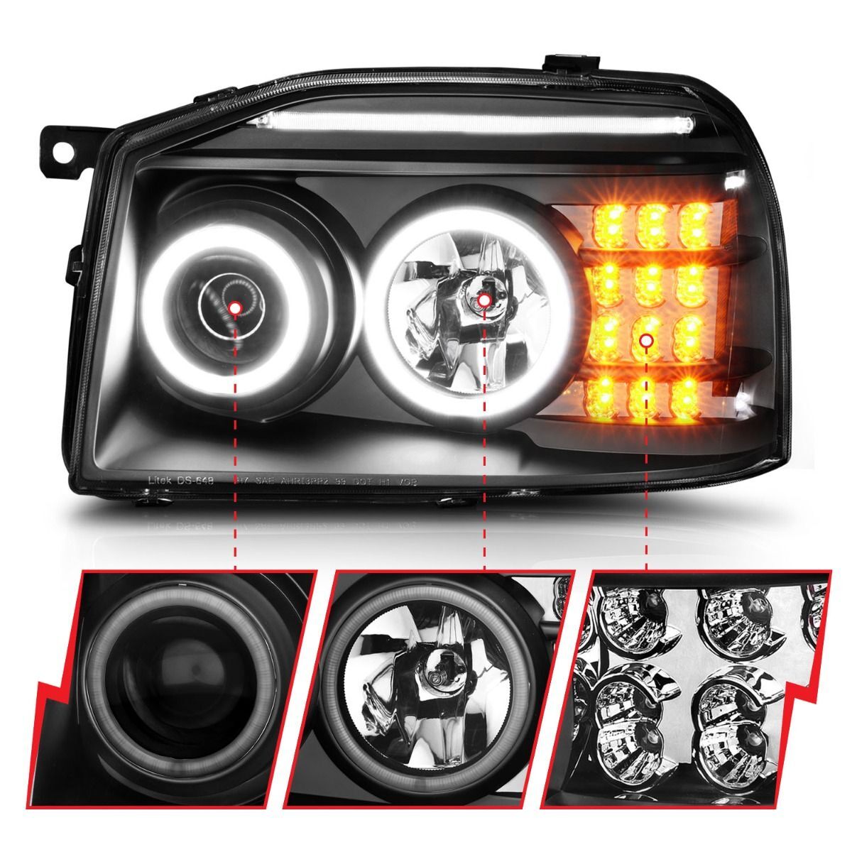 2001-2004 Nissan Frontier Anzo Projector Headlights W/ Halo Black (SMD LED)