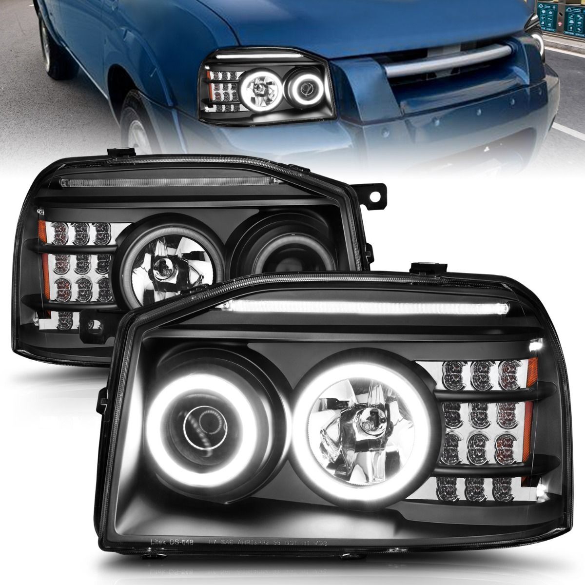 2001-2004 Nissan Frontier Anzo Projector Headlights W/ Halo Black (SMD LED) - 111172