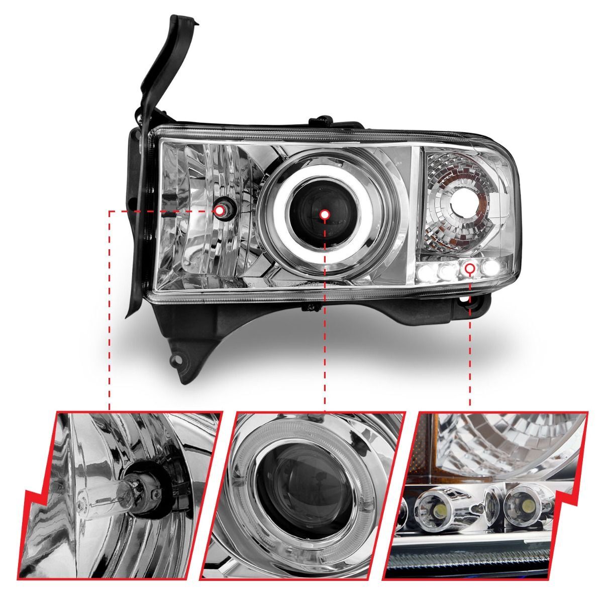 1994-2001 Dodge Ram 1500/2500/3500 Non-Sport Anzo Projector Headlights W/ Halo Chrome