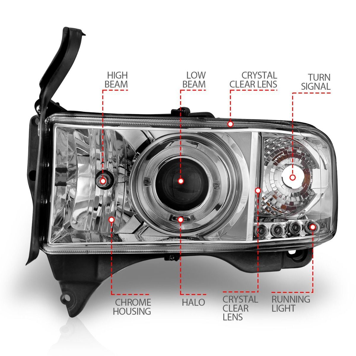 1994-2001 Dodge Ram 1500/2500/3500 Non-Sport Anzo Projector Headlights W/ Halo Chrome