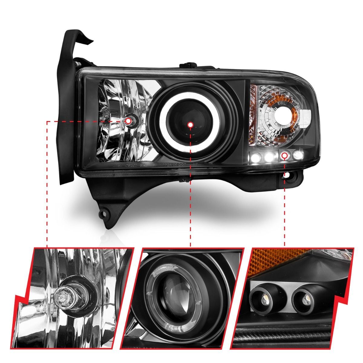 1994-2001 Dodge Ram 1500/2500/3500 Non-Sport Anzo Projector Headlights W/ Halo Black
