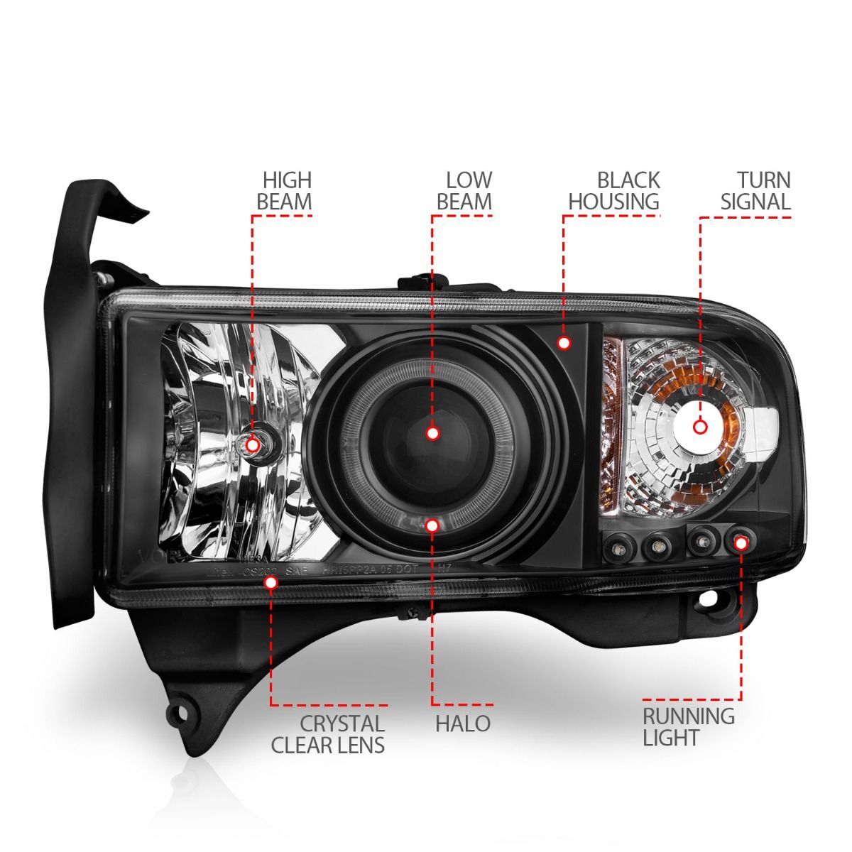 1994-2001 Dodge Ram 1500/2500/3500 Non-Sport Anzo Projector Headlights W/ Halo Black
