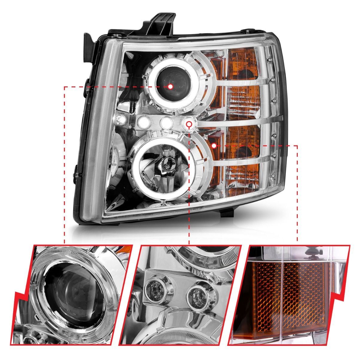 2007-2014 Chevrolet Silverado 1500/2500 HD/3500 HD Anzo Projector Headlights W/ Halo Chrome