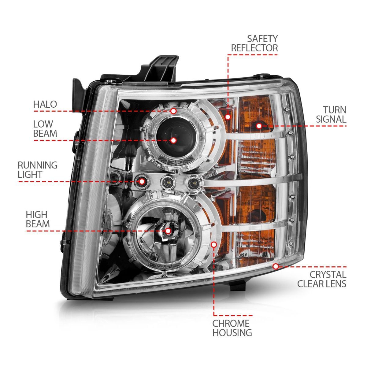 2007-2014 Chevrolet Silverado 1500/2500 HD/3500 HD Anzo Projector Headlights W/ Halo Chrome