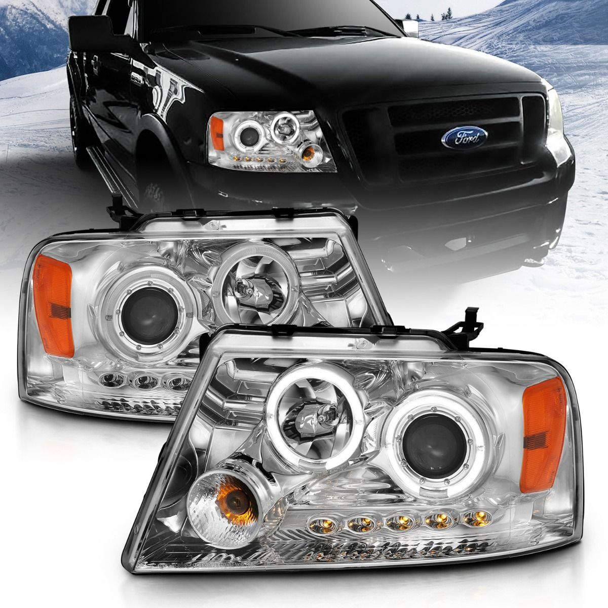 2004-2008 Ford F-150 Anzo Projector Headlights W/ Halo & LED Chrome G2 - 111203