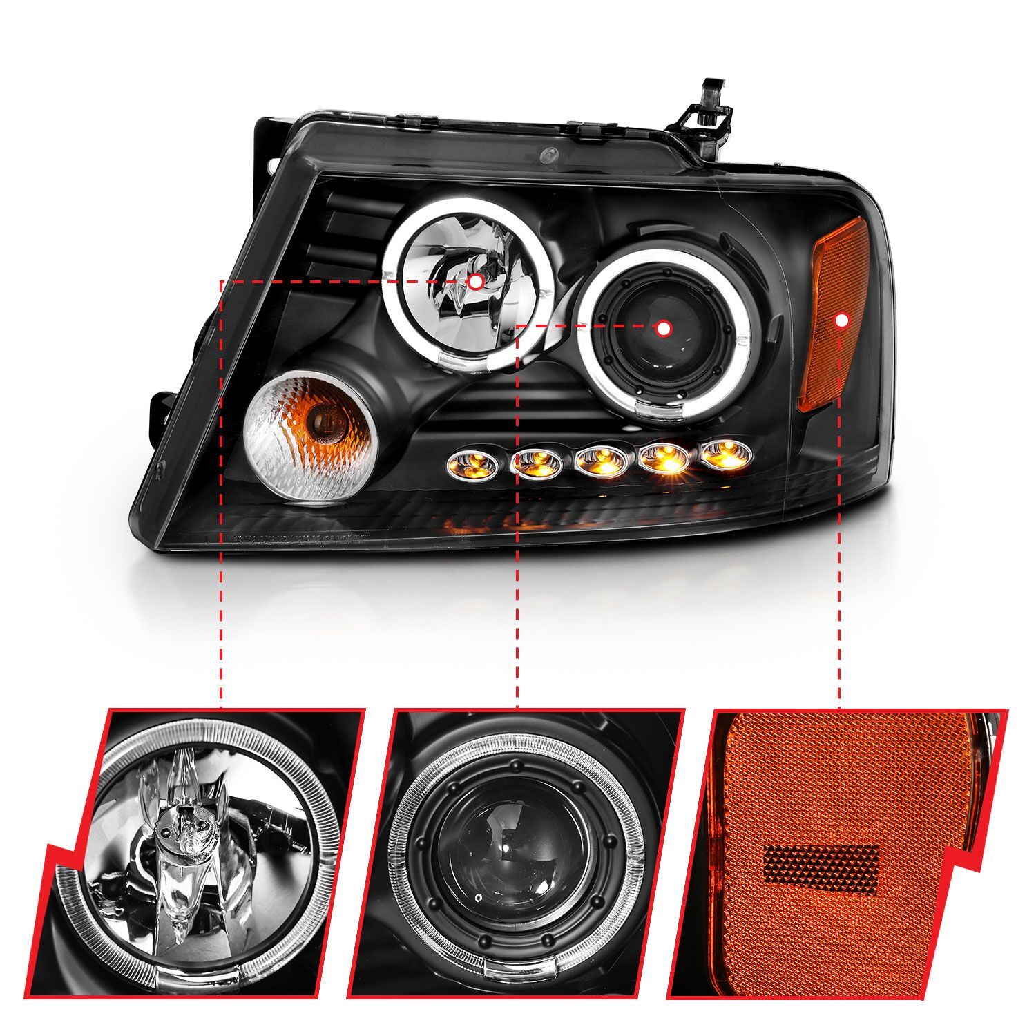 2004-2008 Ford F-150 Anzo Projector Headlights W/ Halo & LED Black G2