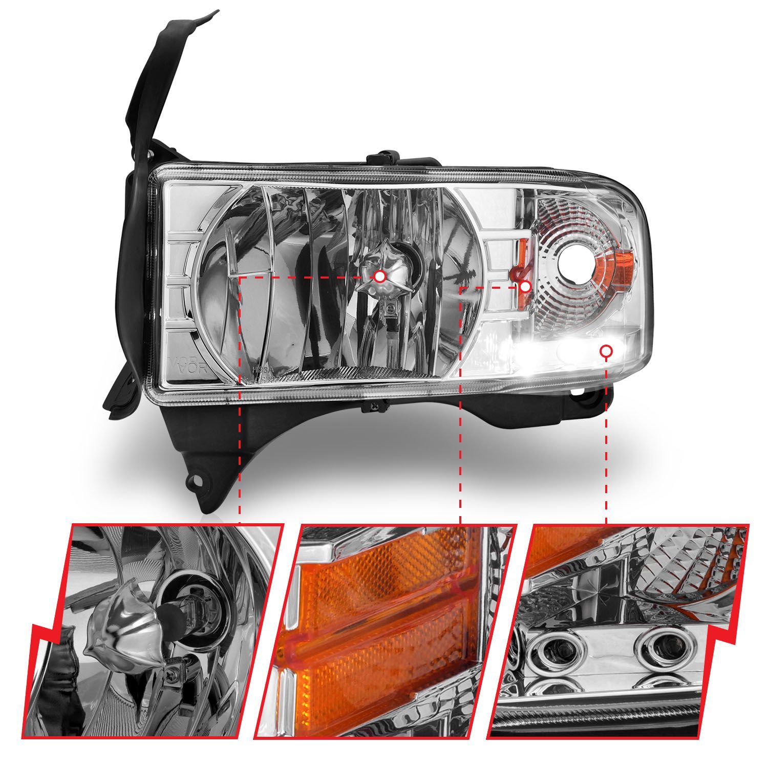 1994-2001 Dodge Ram 1500/2500/3500 Non-Sport Anzo Crystal Headlights Chrome W/ LED