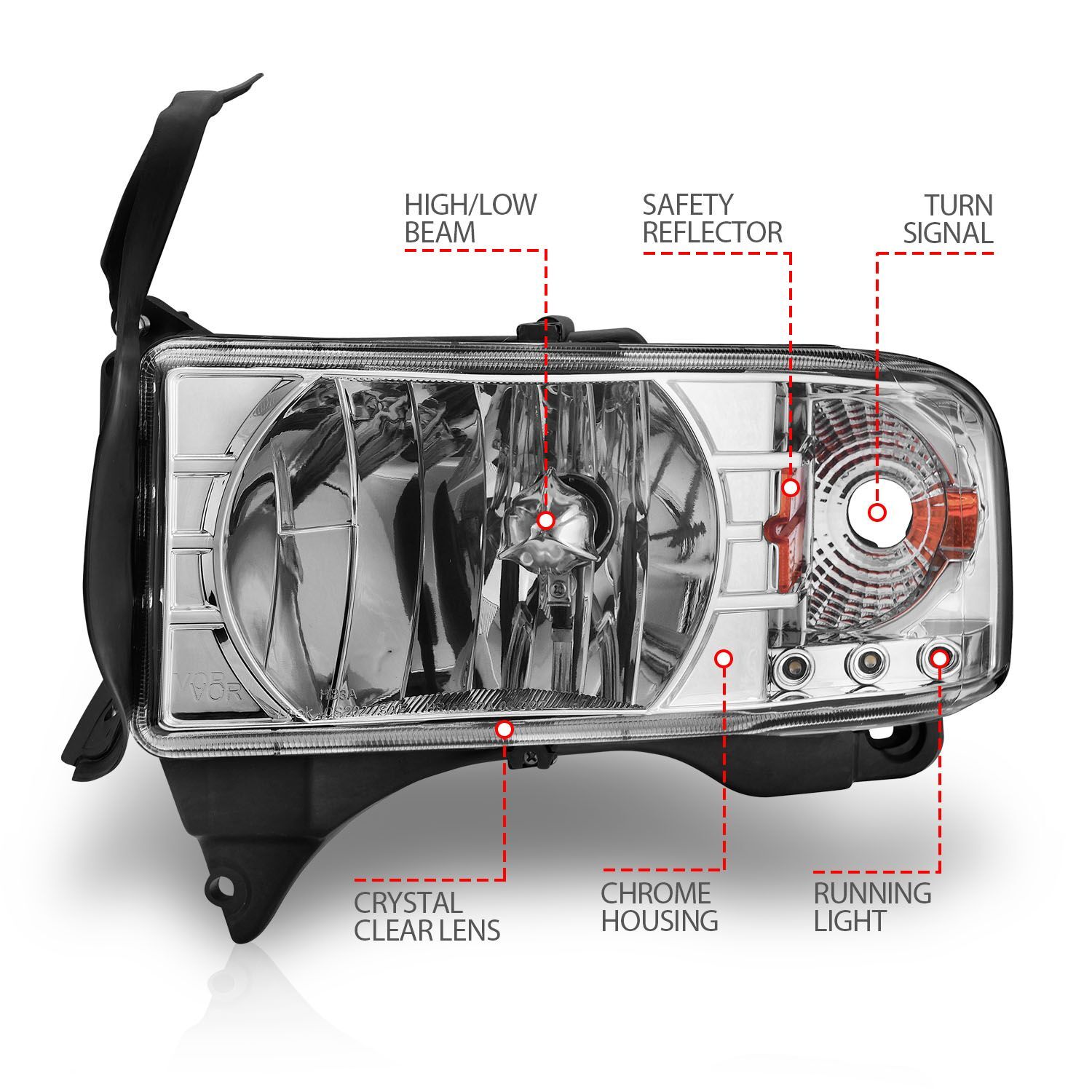1994-2001 Dodge Ram 1500/2500/3500 Non-Sport Anzo Crystal Headlights Chrome W/ LED