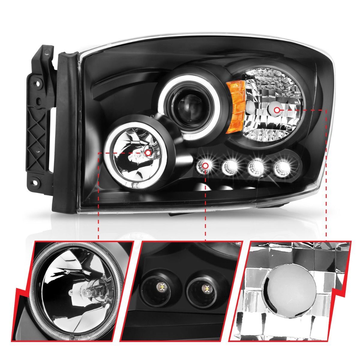 2006-2009 Dodge Ram 1500/2500/3500 Anzo Projector Headlights W/ Halo Black