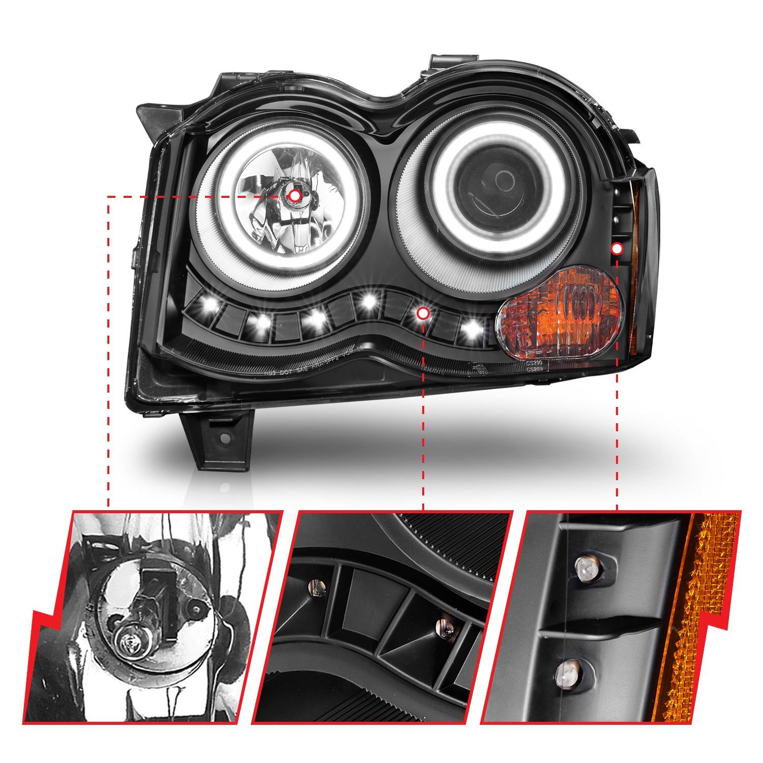 2008-2010 Jeep Grand Cherokee Anzo Projector Headlights W/ Halo Black (SMD LED)