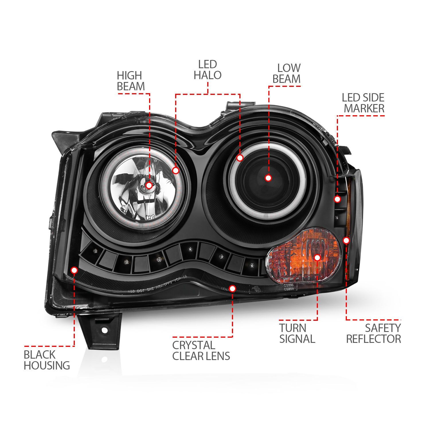 2008-2010 Jeep Grand Cherokee Anzo Projector Headlights W/ Halo Black (SMD LED)