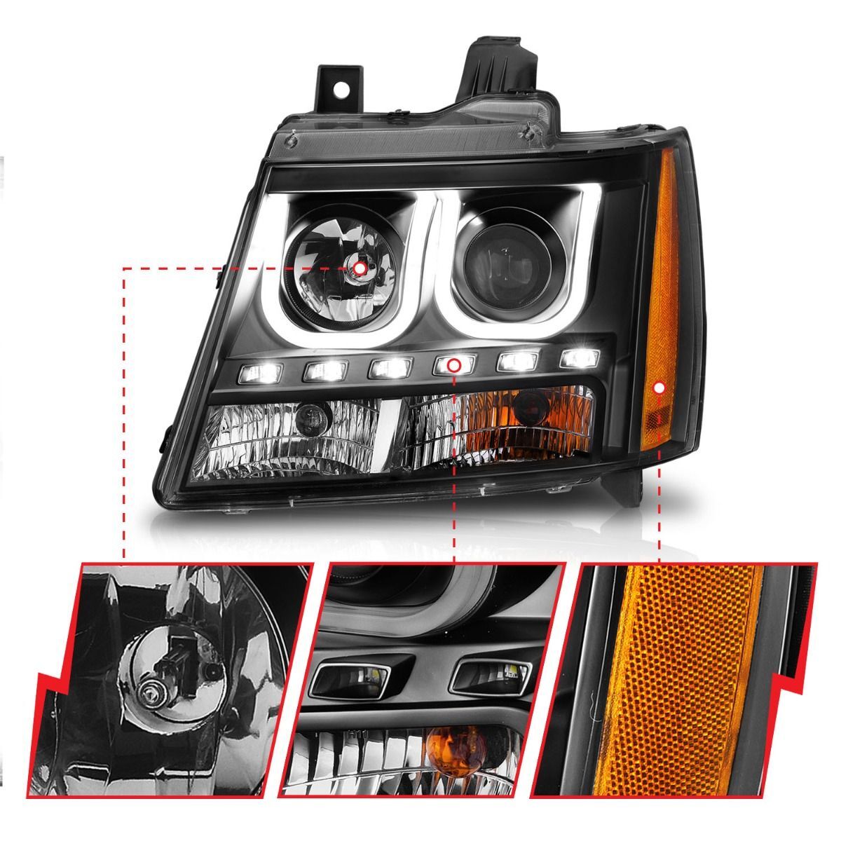 2007-2014 Chevrolet Avalanche/Suburban/Tahoe Anzo Projector Headlights W/ U-Bar Black