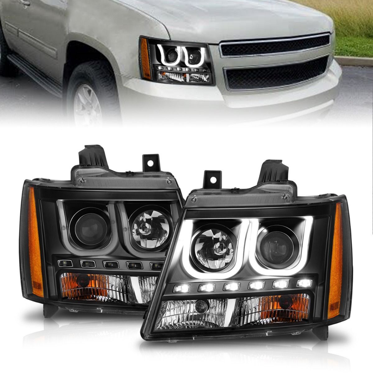 2007-2014 Chevrolet Avalanche/Suburban/Tahoe Anzo Projector Headlights W/ U-Bar Black - 111273