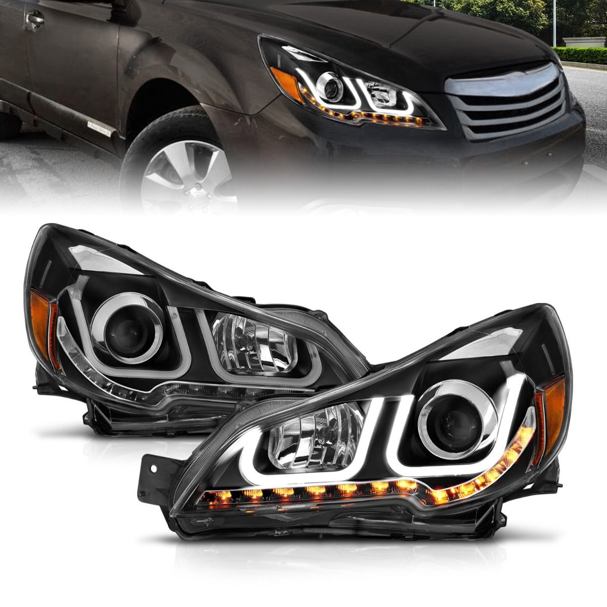 2010-2012 Subaru Legacy/Outback Anzo Projector Headlights W/ U-Bar Black - 111285