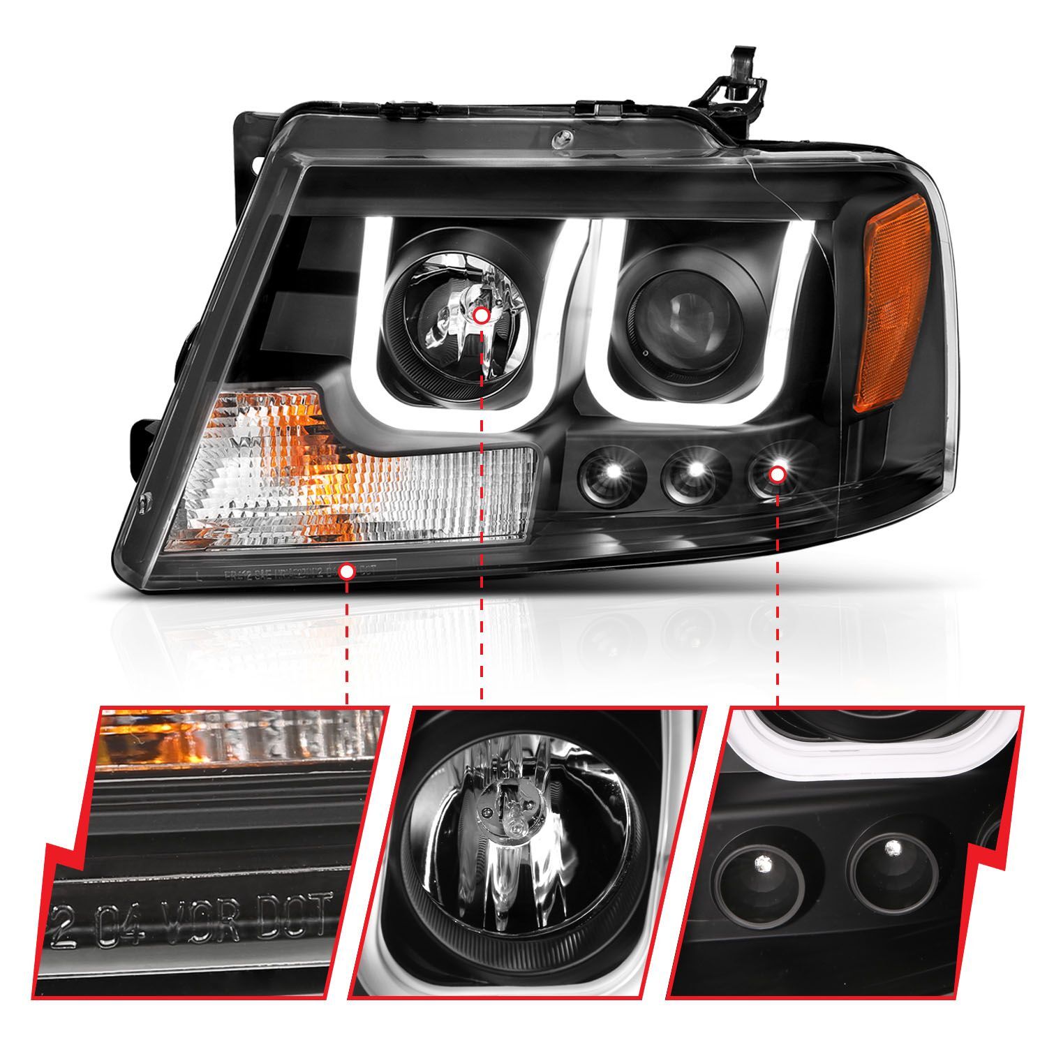 2004-2008 Ford F-150 Anzo Projector Headlights W/ U-Bar Black